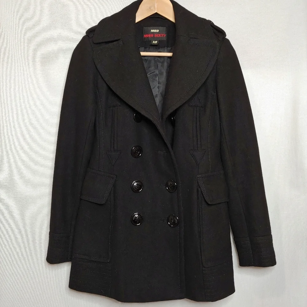 M60 Miss‎ Sixty Wool Blend Double Breasted Fitted Peacoat Black XS